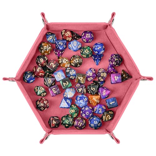 Foldable Hexagonal Dice Tray Desktop Storage Organizer PU Leather & Velvet Material Perfect for DND Tabletop Games Watches, Jewelry, Phone, Keychain Storage Ideal for Home, Camping - color: Hexagon-pink