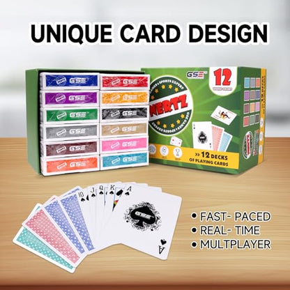 GSE 12-Deck Nertz Card Game, Standard Playing Cards Bulk, 12 Unique Colors | Multiplayer Solitaire Cards Compatible with Poker, Blackjack, Rummy, Go Fish, Bridge, For Family Game Night, 3.5 x 2.5 Inches - style: 12-Deck