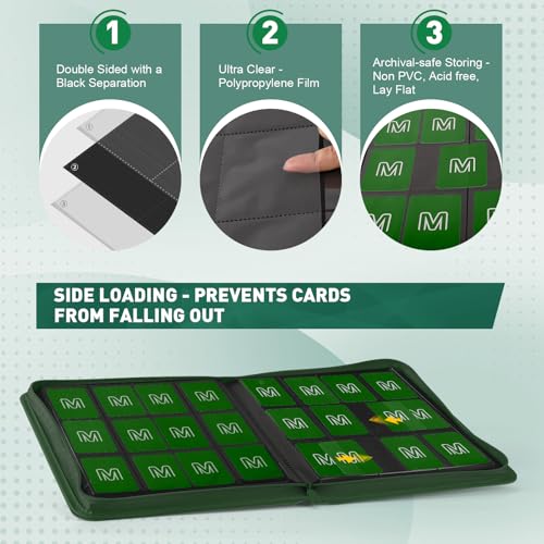 Premium Card Binder 12 Pocket for 720 Pockets Trading Card Binder, PU Zipper Card Collection Album, Sturdy Side-Loading Card Book Holder for MTG, TCG, Game Cards, Sports Cards - color: 12 Deep green