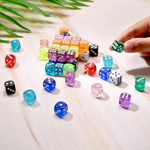 50 Pieces Dice Set, Translucent 6 Sided Colored Dices for Board Games, Math Learning, Classroom, Parties