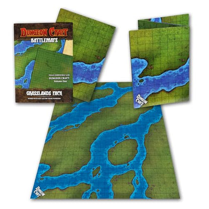 Battlemaps - Double-Sided Laminated DND Mat, Wet & Dry Erase, 24"x33" Grasslands Pack - Custom Box & Loose Leaf by 1985 Games