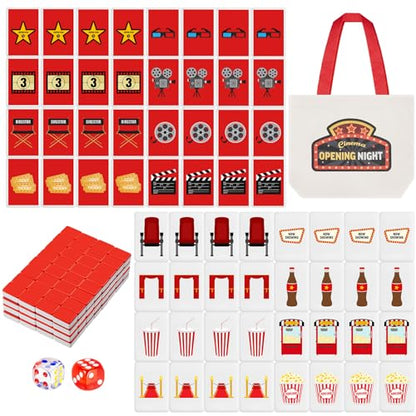 Hollowfly 2 Player Mahjong Block Set with Storage Bags 65 Tiles 30 mm Movie Night Mahjong Push Tile Game with Movie and Food Pattern No DIY Required for Friend Family Game Night Party Gift - style: Movie Night