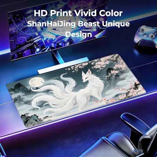 Large Fox Mouse Pad, Chinese Landscape Gaming Desk Mat 31.5X15.7 | HD Print, Non Slip Rubber Base, Waterproof Fabric Top, Stitched Edges, Ideal Gift for Dorm, Home, Office & Back to School - color: Pink