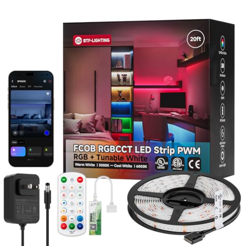 BTF-LIGHTING UL Listed RGBCCT COB LED Strip Light, DC24V 20FT RGB+Tunable White 3000K-6000K Color Changing LED Strip Light, with Remote/Bluetooth Music Controller for Home Party Indoor DIY Lighting - size: 20FT