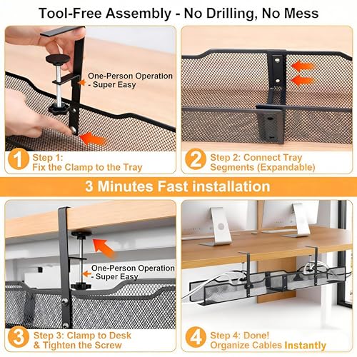 No Drill Under Desk Cable Management Tray, Extended-Length Metal Mesh Wire Organizer with Heavy Duty Clamp Mount for Home Office Standing Desk - Damage Free Cord Organization Solution