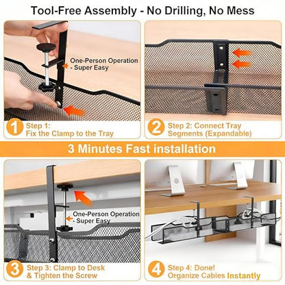 No Drill Under Desk Cable Management Tray, Extended-Length Metal Mesh Wire Organizer with Heavy Duty Clamp Mount for Home Office Standing Desk - Damage Free Cord Organization Solution