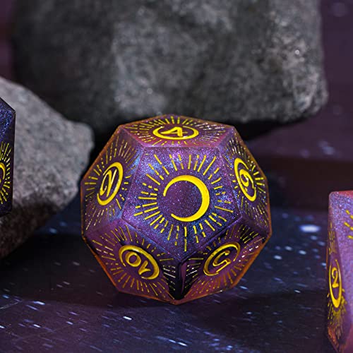 Cusdie Sharp Edges DND Dice, 7 PCs Moon Dice Set D&D Dice, Handcrafted Polyhedral Dice Set, for Role Playing Game (Moon/Purple Black) - color: Moon Pattern-purple Black