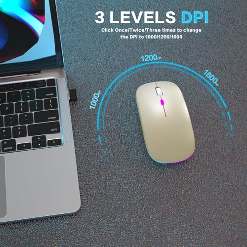 AIKOKOK Wireless Bluetooth Mouse, Rechargeable Dual Mode Mouse, Gold | BT 5.2 & 2.4G USB Receiver, 3 Adjustable DPI,LED Lights,Slim,Silent,Portable Computer Mouse for Laptop,PC,MacBook,iPad,Tablet - color: Gold
