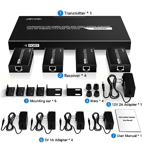HDMI Extender Splitter 1 x 4, JCHICI 4K@30Hz 100M(328fts) HDMI Splitter with Loopout and EDID Copy Function, Lossless Transmission and Zero Latency, Support 3D - size: HDMI Extender Splitter 1 x 4
