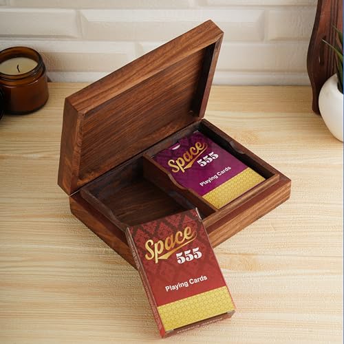 Ajuny Handcrafted Wooden Double Deck Playing Card Box Holder Decorative Storage Case Organizer With 2 Set of 'Ace' Playing Cards Brass Inlay Anniversary Housewarming Gifts For Him Her