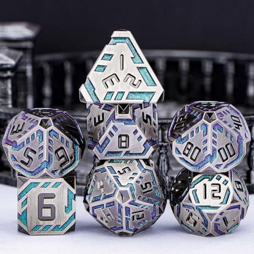 Metal DND Sci-fi Dice Set 7PCS Stripe Polyhedral Dice for Dungeons Dragons RPG Role Playing Game, Glitter D and D Dice with Gift Box D6 D8 D10 D12 D20 (Grey&Purple Green) - color: Silver Gray - Purple Green