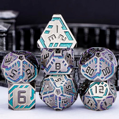 Metal DND Sci-fi Dice Set 7PCS Stripe Polyhedral Dice for Dungeons Dragons RPG Role Playing Game, Glitter D and D Dice with Gift Box D6 D8 D10 D12 D20 (Grey&Purple Green) - color: Silver Gray - Purple Green