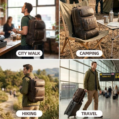 Full Grain Leather Backpack for Men, 17" Laptop Travel Rucksack, Brown | Premium Cowhide Leather, YKK Zippers, Business Trip, 32L, Ergonomic S-Straps, Water Bottle Pocket