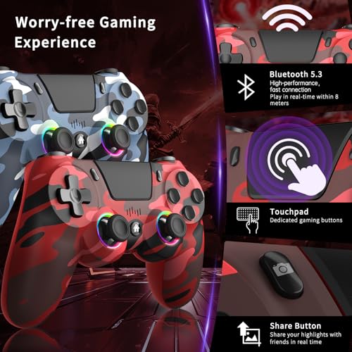 2 Pack Wireless Controller for PS4, Game Remote Controller Compatible with PS4/Slim/Pro/PC, Programmable, RGB Light, 1000mAh Battery, Dual Vibration, 6-Axis Gyro, Share, Touch Pad,Speaker&Audio Jack - color: Camo Red&Blue