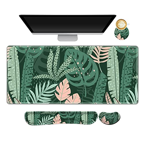 AIMSA Large Gaming Mouse Pad Set, Keyboard Wrist Rest Support Mouse Pad, Ergonomic Memory Foam Multifunctional Extended Desk Mat 35x15.7in Anti-Slip Rubber Base for Office Home, Pink Green Leaves - color: Pink Green Leaves