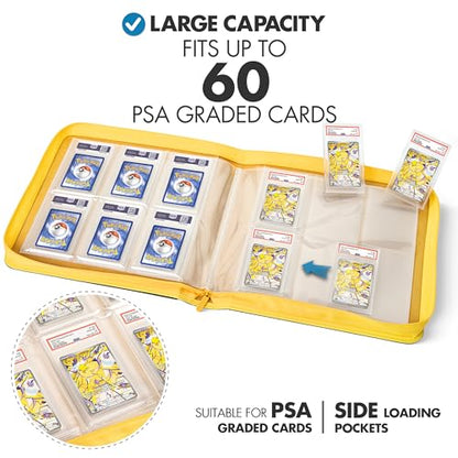 FunGuys Graded Card Binder, 60 PSA Slab Holder, 6 Pocket Graded Card Storage, Slab Binder, PSA Card Graded Display Case Album, Zipper, MTG Card Collection Binder - color: Black and Yellow
