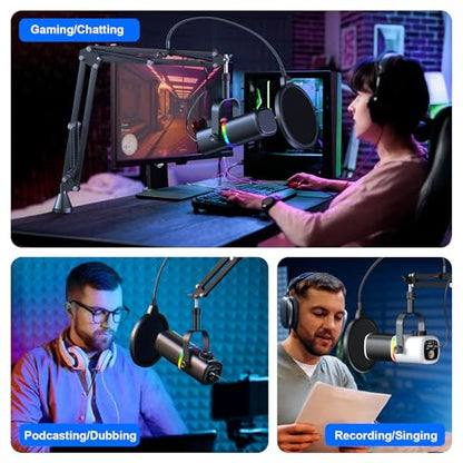 AK-10 USB Gaming Microphone Wtih AK-35 Arm, Condenser Microphone for PC/MAC/PS4/PS5/Phone-Cardioid Mic with RGB Lighting - color: Metallic