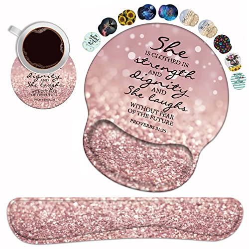 Keyboard Wrist Rest and Mouse Pad Wrist Support Set with Coasters, Bible Verse Proverbs 31:25 Wrist Mouse Pad with Non-Slip PU Base for Home Office Working Studying Easy Typing & Pain Relief - color: Quote Bible Verse Proverbs 31:25