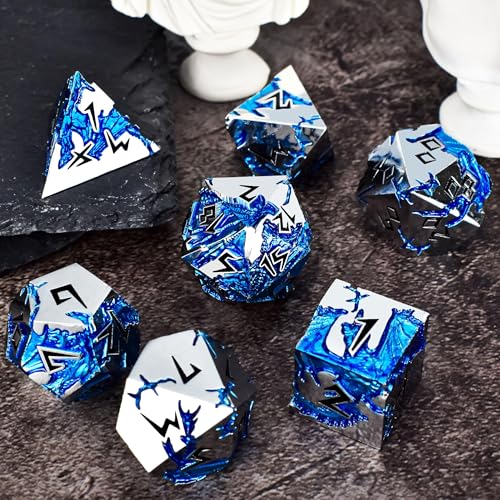 Rule Dice - D&D Dice Set, Metal Dice Sets, Dungeons and Dragons Dice Set with Gift Box, D20 D4 D12 D10 D% D8 D6, Blue Dragon Style Gaming DND Dice for MTG RPG TTPRG (Silver Black) - color: Silver Black