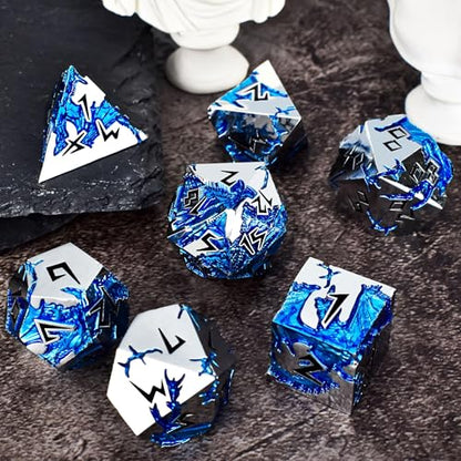 Rule Dice - D&D Dice Set, Metal Dice Sets, Dungeons and Dragons Dice Set with Gift Box, D20 D4 D12 D10 D% D8 D6, Blue Dragon Style Gaming DND Dice for MTG RPG TTPRG (Silver Black) - color: Silver Black