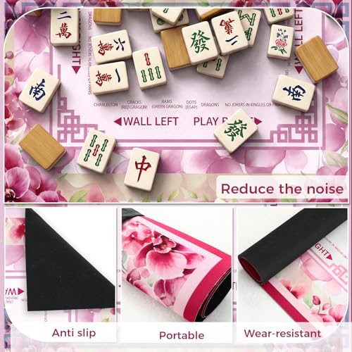 Flower Mahjong Mat with Rules 31.5" x 31.5" Non-Slip Noise Reduction Gaming Mat with Carrying Bag American Mahjong Table Cover for Poker Board Card Games Dominoes(Pink) - style: Pink