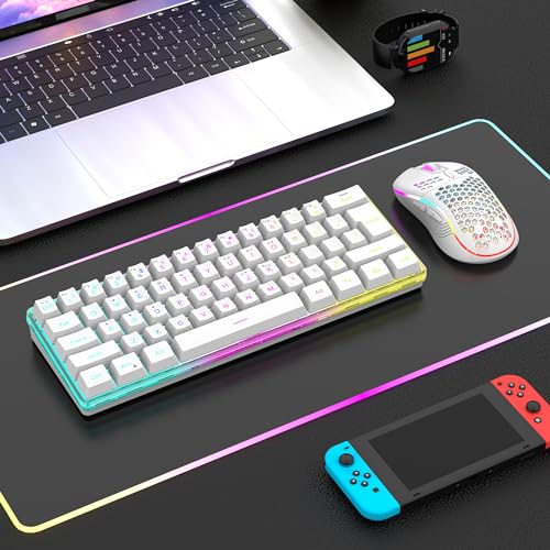 RedThunder 60% Wireless Gaming Keyboard and Mouse Combo, 2500mAh Rechargeable Battery, Ultra-Compact Small RGB Mechanical Feel Keyboard, Lightweight Honeycomb Optical Mouse for Gaming/Business, White - style: 02 White Wireless Combo