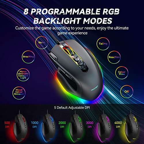 TECKNET Wired Gaming Mouse, Ergonomic Gaming Mouse with 8000DPI, RGB Computer Mice with 11 Programmable Buttons, PC Gaming Mice for Notebook Laptop Mac Book, Fire Button(Ratón de juego)