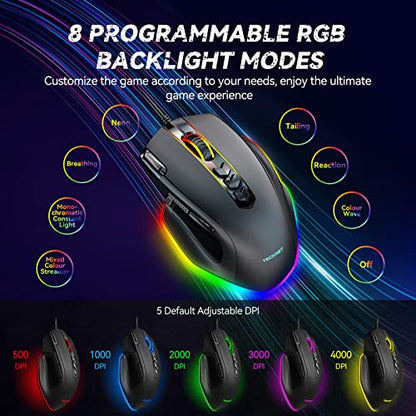 TECKNET Wired Gaming Mouse, Ergonomic Gaming Mouse with 8000DPI, RGB Computer Mice with 11 Programmable Buttons, PC Gaming Mice for Notebook Laptop Mac Book, Fire Button(Ratón de juego)