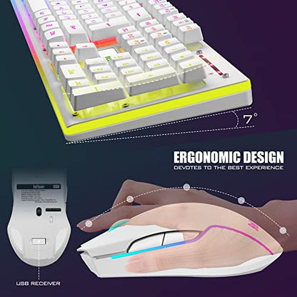 RedThunder K10 Wireless Gaming Keyboard and Mouse Combo, LED Backlit Rechargeable 3800mAh Battery, Mechanical Feel Anti-ghosting Keyboard + 7D 3200DPI Mice for PC Gamer (White) - color: White