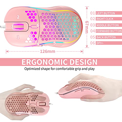 Techsea Honeycomb Wired Gaming Mouse with RGB On/Off Switch, 7200 Adjustable DPI, Ergonomic Lightweight Design & High Precision Sensor for PC/Mac Gamers (Pink) - color: Pink