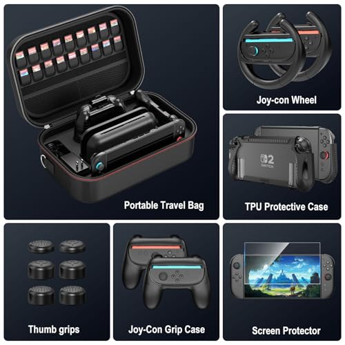HEYSTOP Accessories Bundle for Nintendo Switch 2, Dockable Protective Case | Tempered Glass Screen Protector, Racing Steering Wheels, Joy Con Controller Grip Covers, Console Gaming Starter Kit