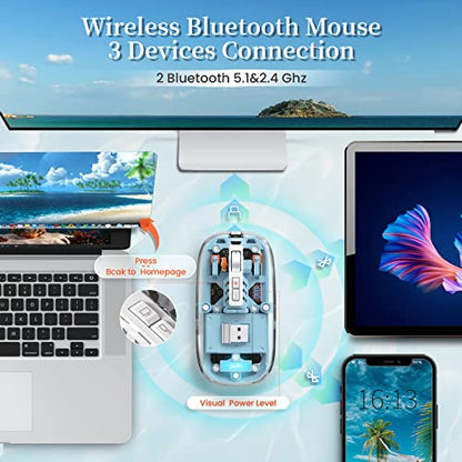 A.JAZZ Wireless Bluetooth5.1&2.4G Mini Lightweight Mouse,Transparent Clear Cool,Rechargeable Silent Computer Mice,Nano USB C Receiver,LED Battery Magic Silm for Office/PC/Mac/Laptop/Apple/ipad(Blue) - color: Blue