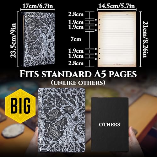 Notebook Journal, Refillable Binder for DND - 3D Tree of Life Design (A5) | A5 400 Pages (200 Sheets), Perfect for Dungeons and Dragons (D&D), Bonus Tabs and Ruler, for Players and DM's - color: Silver