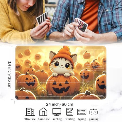 for MTG/TCG Playmat with Zones, 24 x 14 inches Trading Card Playmat with A Storage Bag and 6 Dice, Non-Lip Rubber Bottom Game Desk Mat, Halloween Cat in The Pumpkin Patch - color: Yux-playmats-2-3A-255