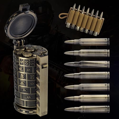 CZYY Rifle Bullet Dice Set, Metal 7 Polyhedral Dice Set for Tabletop Games | D4 to D20 & D%, Spinning Cylinder-Style Case, Cartridge Holder Belt, Gift for RPG Players & Collectors, Bronze - color: Bronze