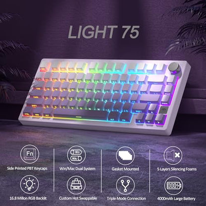 MageGee LIGHT75 Wireless Creamy Keyboard, Tri-Mode Bluetooth/2.4GHz/USB-C RGB Backlit, Gasket Hot Swappable Custom Gaming Keyboard for Win/Mac/PC, with Knob, Side Printed PBT Keycaps, Purple - color: White Purple/Purple Bird Switch