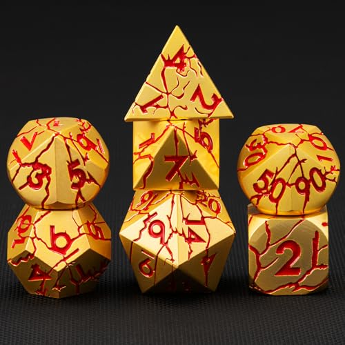 DND Dice Set Metal,Polyhedral D&D Metallic Heterotypic D and D Dice with Cracks for Dungeons and Dragons RPG TTRPG 7-Die Set with Gift Case (Crack, Gold and Red) - color: Gold and Red