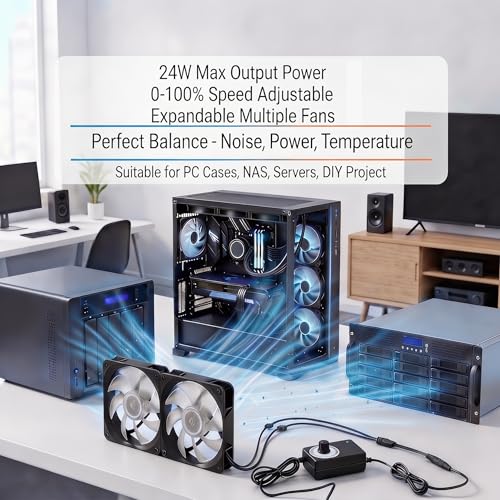 Delinx 12V PC Fan Speed Controller, AC Plug with 2X 4-Pin Splitter Cable | 24W Power Adapter, Compatible 2/3/4-Pin, Case Cooling Project for PC Server Cabinet DVR TV Router Receiver Xbox Greenhouse