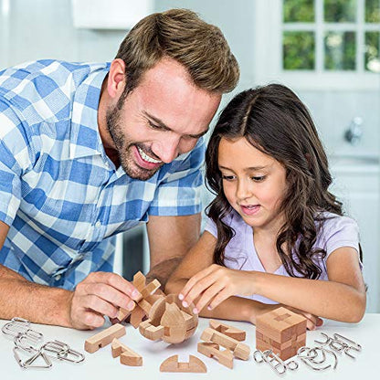 LESONG Brain Teasers Metal and Wooden Puzzles for Kids and Adults 9 Pack, Mind, IQ, and Logic Test and Handheld Disentanglement Games, 3D Coil Cast Wire Chain and Durable Wood Educational Toys