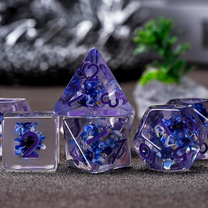 D&D Flower Resin Dice Set, Polyhedral DND D and D Dice Inclusion Dice for Dungeons and Dragons MTG RPG for Ages 15 and Up-Purple - color: Flower-purple