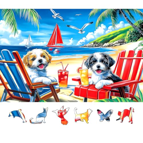 500 Piece Puzzles for Adults, Jigsaw Puzzle of Summer Beach Puppies, Funny Puzzle, Perfectly Fitting Pieces, Home Decor Birthday Party Gift for Adults Seniors 23x15 Inches - color: Summer Beach Puppies