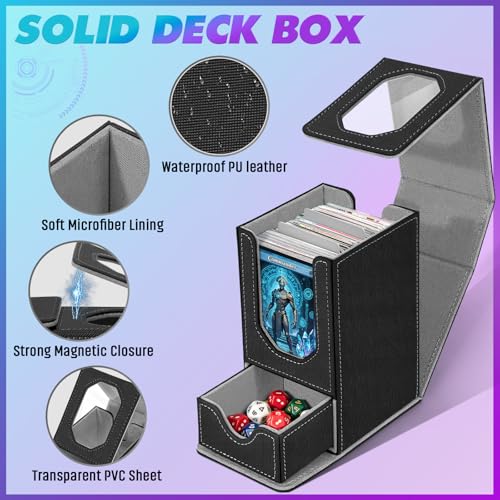 Card Deck Box for MTG Commander, Fits 100+ Double-Sleeved Cards Card Case | with Detachable Dice Tray, 2 Dividers, Removable lid, Trading Card Storage Box, Sturdy and Durable, Fits TCG/PTCG/Sports Card - color: Black and Light Gray