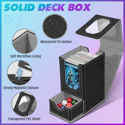 Card Deck Box for MTG Commander, Fits 100+ Double-Sleeved Cards Card Case | with Detachable Dice Tray, 2 Dividers, Removable lid, Trading Card Storage Box, Sturdy and Durable, Fits TCG/PTCG/Sports Card - color: Black and Light Gray