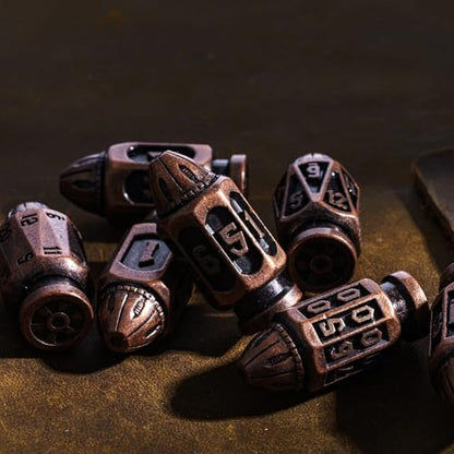 UDIXI Metal DND Bullet Dice Set, Polyhedral Bullet Metal Dice Set Copper | 7PCS, Cool Style, Magazines Container and PU Leather Bag, for D&D Dungeons and Dragons Role Playing Games and Tabletop Games - color: Copper