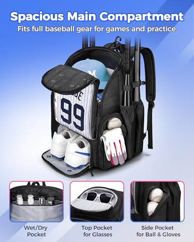MATEIN PRO Youth Baseball Backpack for 4 Bats, Collapsible Shoe Compartment | Water Resistant, Large, Boys Baseball Bat Bag, Insulated Beverage Pocket, Clear Display Window, Storage Holds Glove, Helmet - color: Black