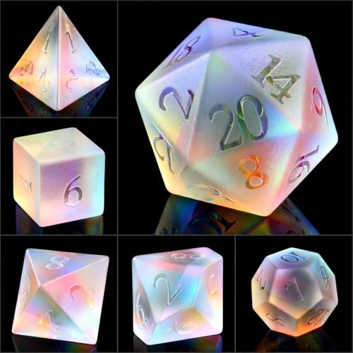 Natural Iridescent Glass Dice Set, 7-Piece Handcrafted Polyhedral Dice with Gold Engraving, Ideal for D&D, RPG, MTG & Tabletop Games, Gift Box Included (Iridescent Glass) - color: Iridescent Glass