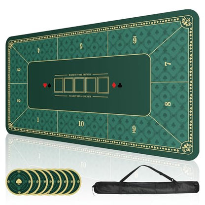 ORIENGEAR Poker Mat 70x35 Inch, 10 Player Poker Table Topper with Non-Slip Rubber Base & Carry Bag, Professional Blackjack Table Top for Texas Holdem, Home Casino Game Nights - color: Green