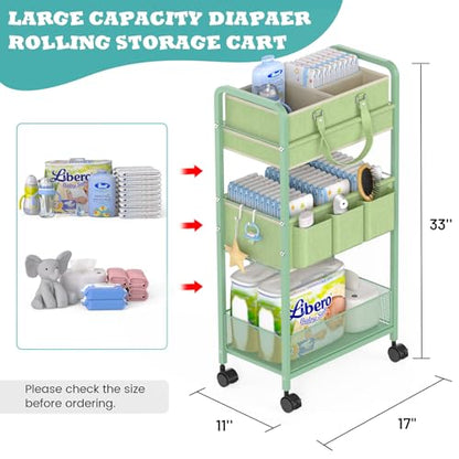 2in1 Baby Diaper Caddy Organizer Cart, 3-Tier Rolling Cart, Metal Diaper Caddy Carts, Bedside Carts for Nursery Essentials Storage, Detachable Dividers, Large Capacity, Green - color: Green