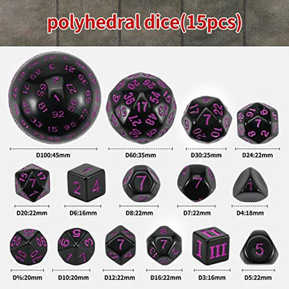 CiaraQ DND Polyhedral Dice Set (15pcs) D4-D100 Game Dice with Dice Bag | Acrylic Role Playing Dice for Dungeons and Dragons MTG Table Games (Black & Purple) - color: Black & Purple