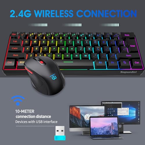 Snpurdiri 60% Wireless Gaming Keyboard and Mouse Combo, Include 2.4G Small Mini 60% Merchanical Feel Keyboard, Ergonomic Design Vertical Feel Wireless Mouse | Include Small Mini 60 Percent Keyboard, Ergonomic Design Vertical Feel Wireless Mouse - color: B